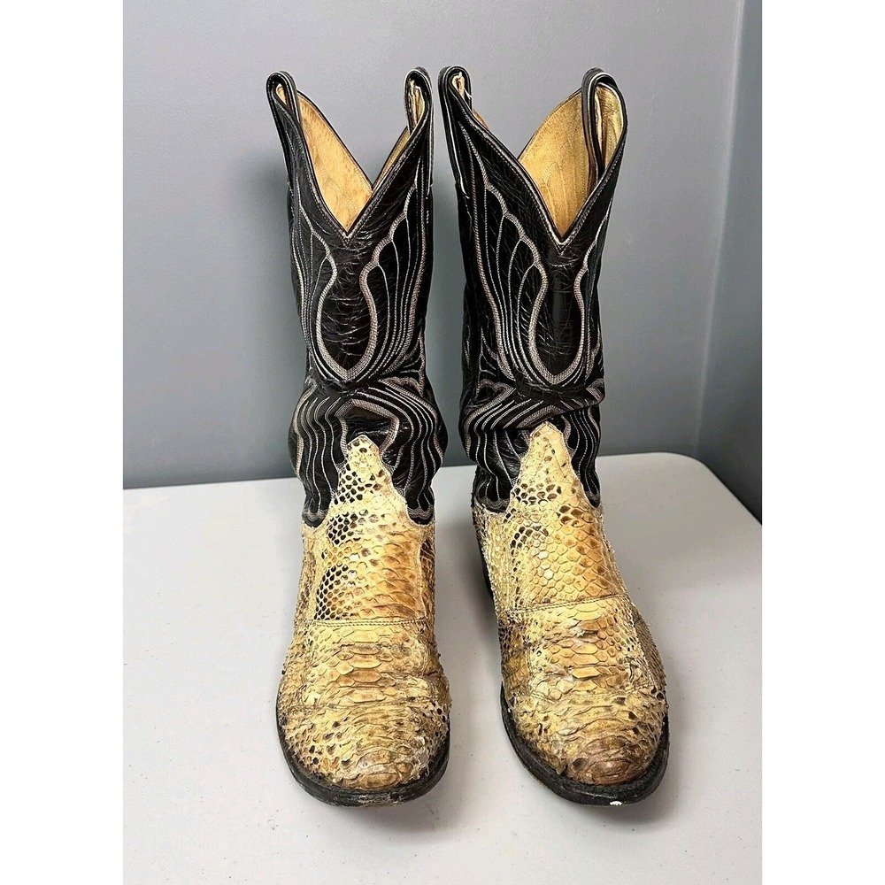 Vintage Tony Lama Tan Snake Skin & Black Leather Size 4 Western Cowboy Boot USA